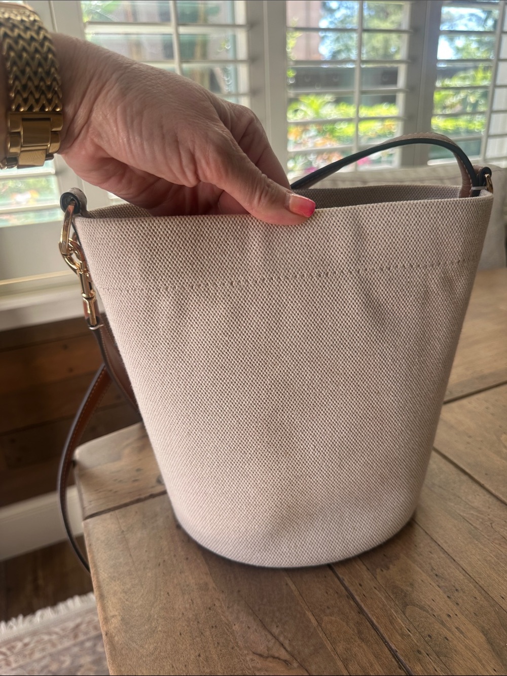 Tory Burch Light Beige Canvas Bucket Bag with Brown Leather Trim - Picture 8 of 10
